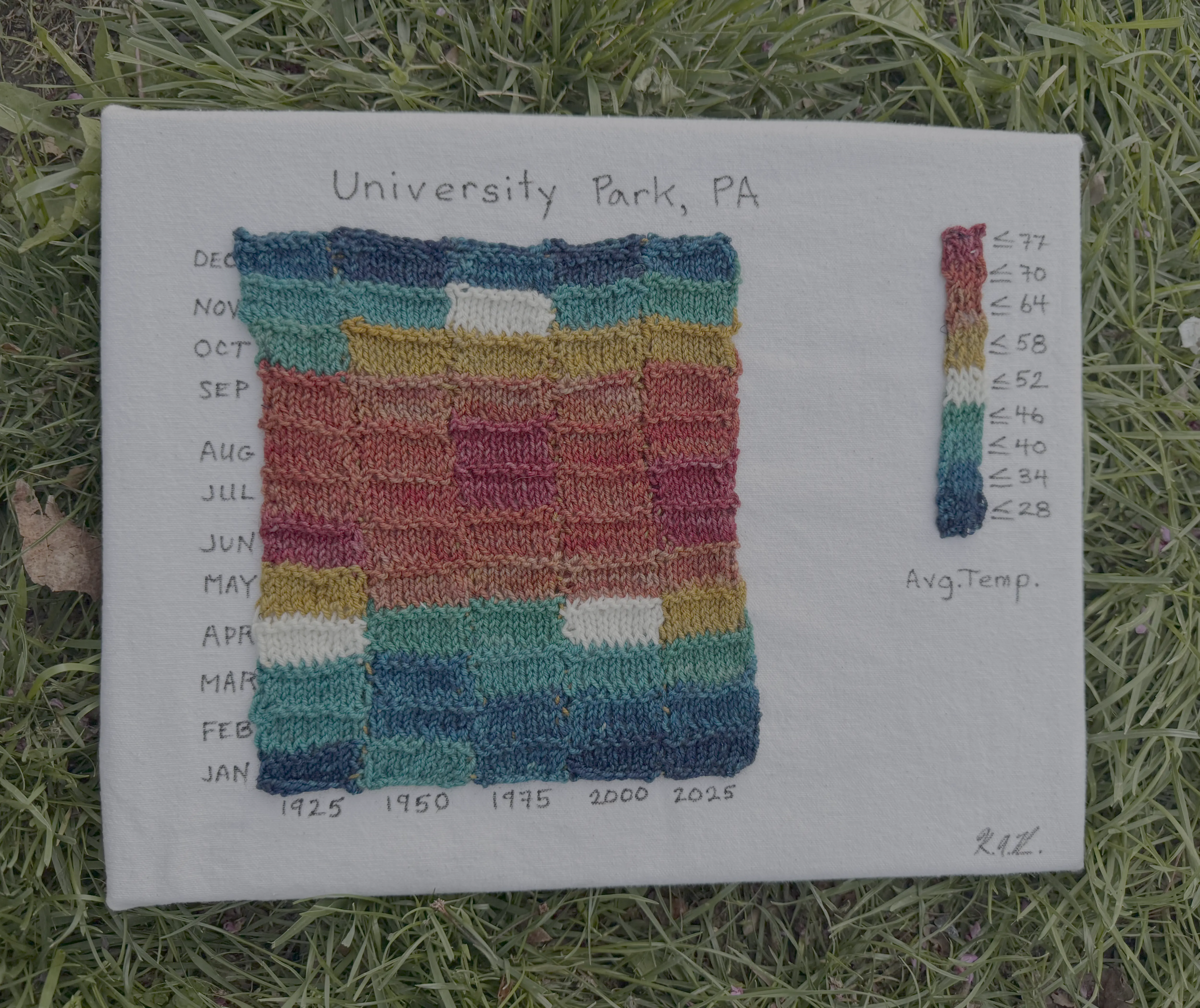 Temperature blanket for University Park, PA 1925-2025 by Kim Roth
